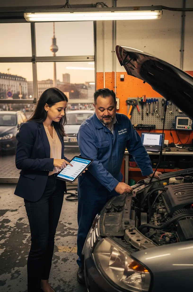 Mechaniker erklärt einem Kunden die Diagnose und Reparaturkosten transparent anhand von Fahrzeugteilen.