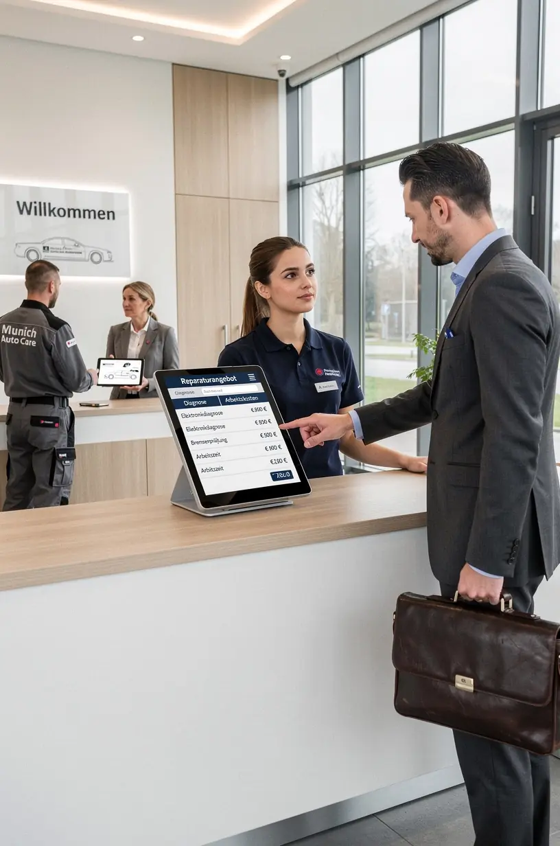 Techniker führt eine Fahrzeugdiagnose durch, während er dem Kunden die erforderlichen optionalen Serviceleistungen erläutert.